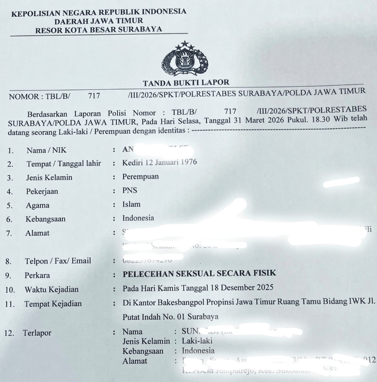 Kasus Dugaan Pelecehan ASN Jatim Menguat, Korban Cari Keadilan ke Polisi